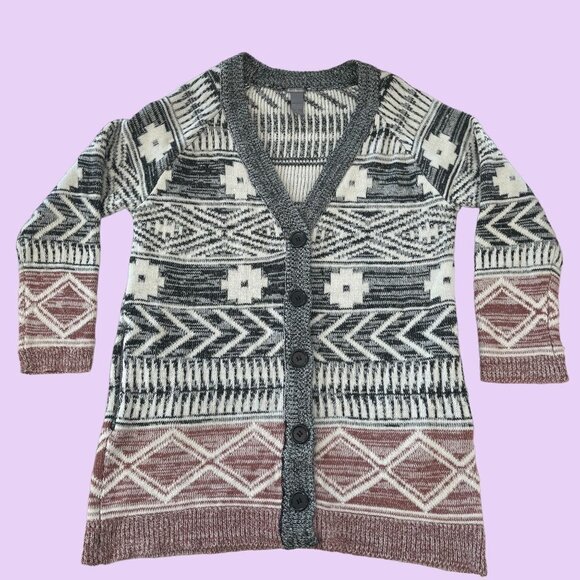 Cardigan Jacket Long Sleeve Womens S Black White Red Button Up Aztec Design - Picture 5 of 12